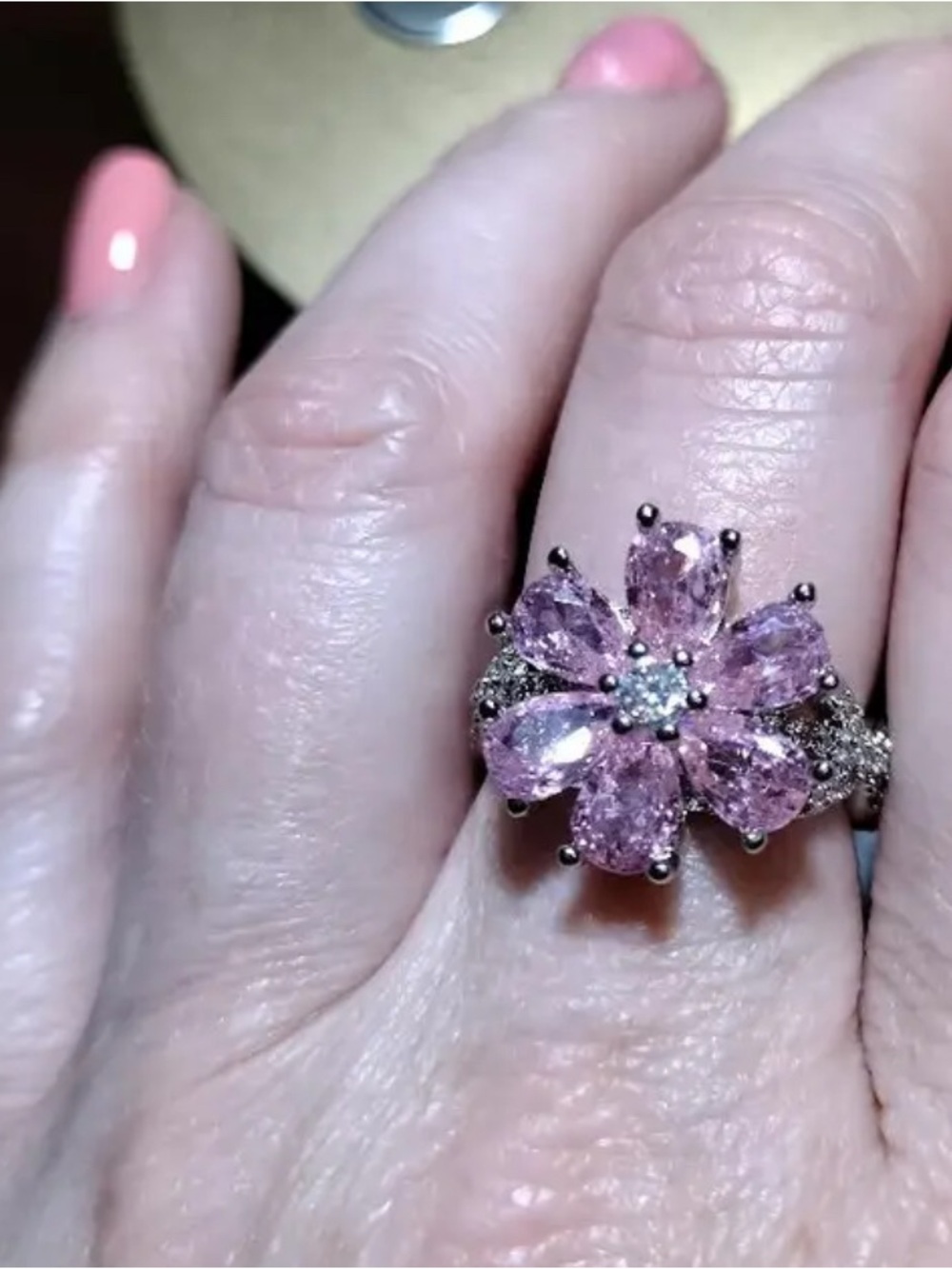 Pink Sapphire Flower Crystal Ring - Elegant Floral Statement
